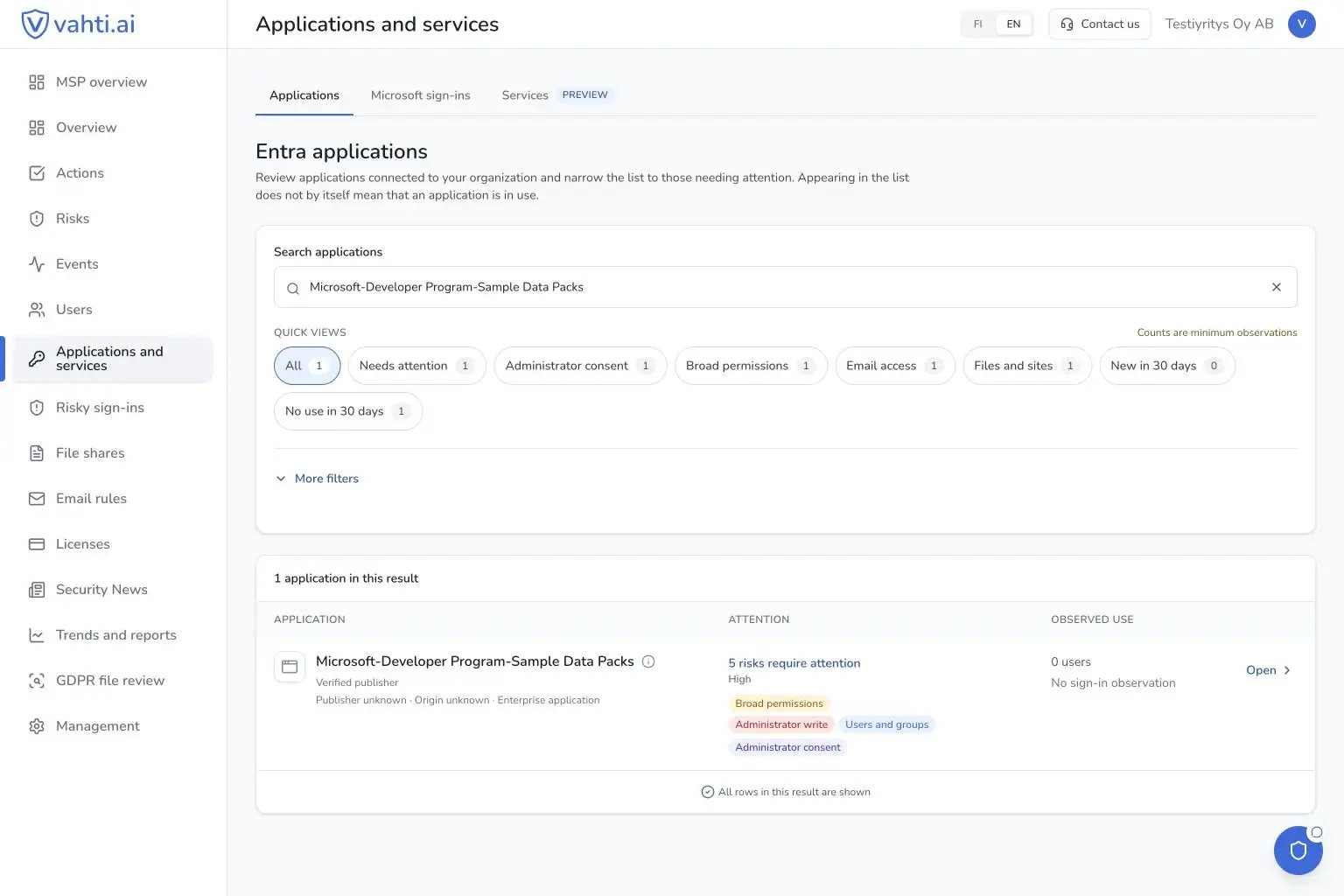 Vahti’s Applications and services view shows an example application’s broad permissions and findings that need review.