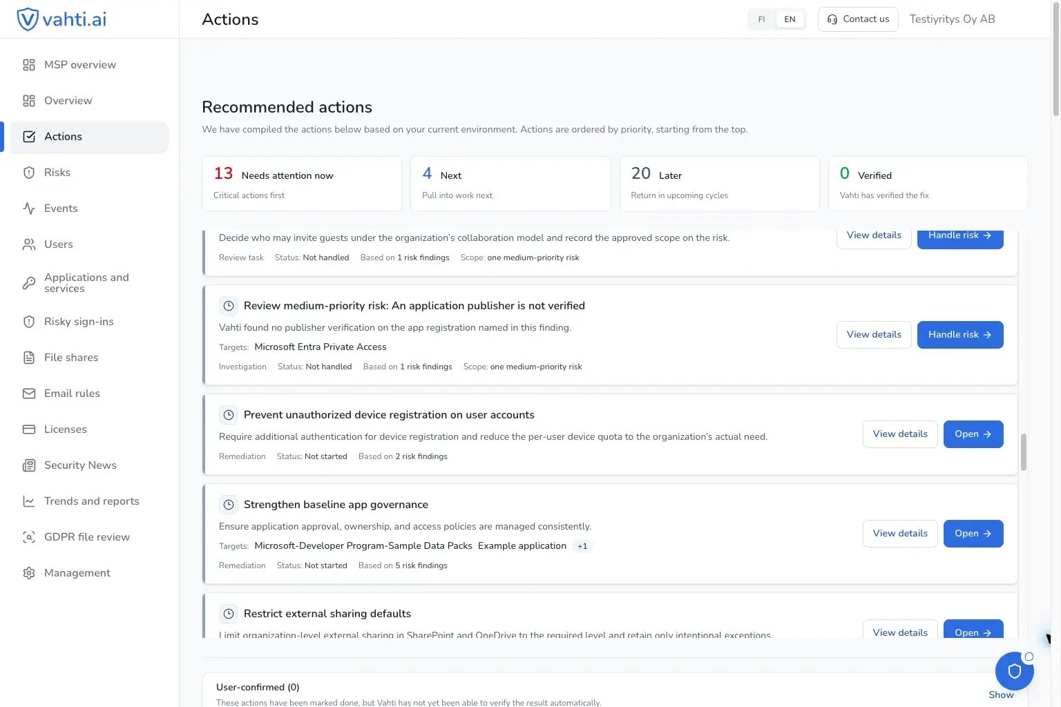 Vahti's Actions view lists recommended checks and fixes in order of priority.