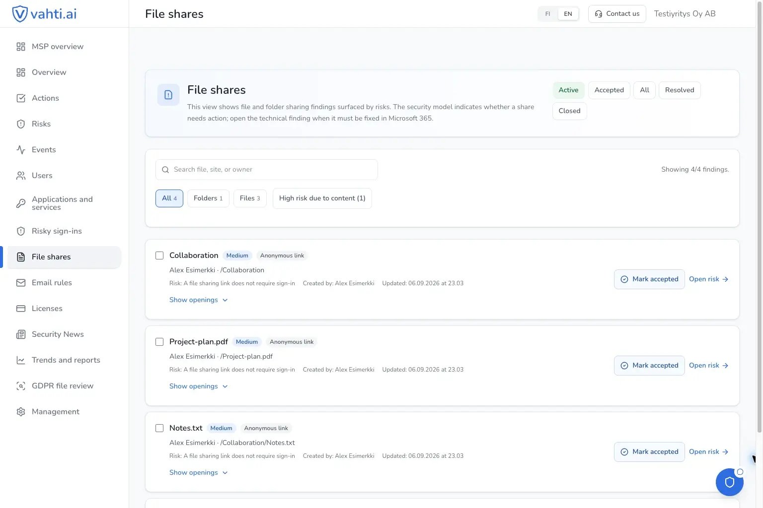 Vahti's File shares view: the Collaboration folder and Project-plan.pdf are shared through links that do not require sign-in.