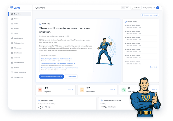 An example of the Vahti security overview, showing findings and recommended next steps. An example of the Vahti security overview, showing findings and recommended next steps.