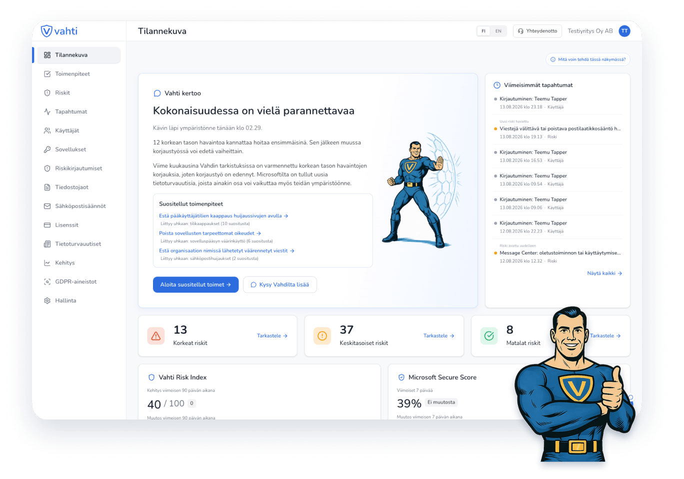 Esimerkki Vahdin tilannekuvasta: Microsoft 365 -havainnot ja suositellut seuraavat toimet.